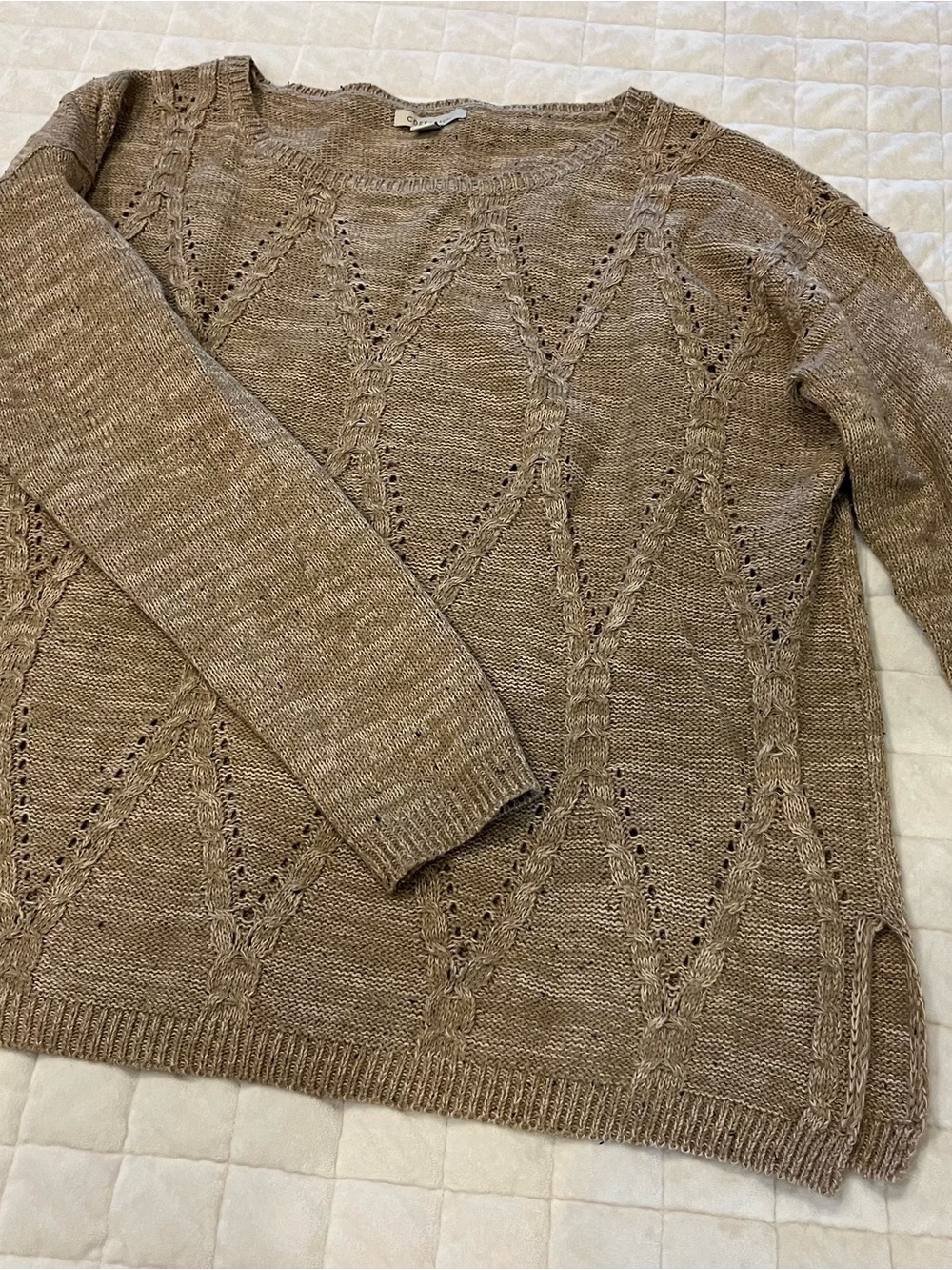 Cozy Casual plus-size Open-Knit Crewneck Sweater in Taupe